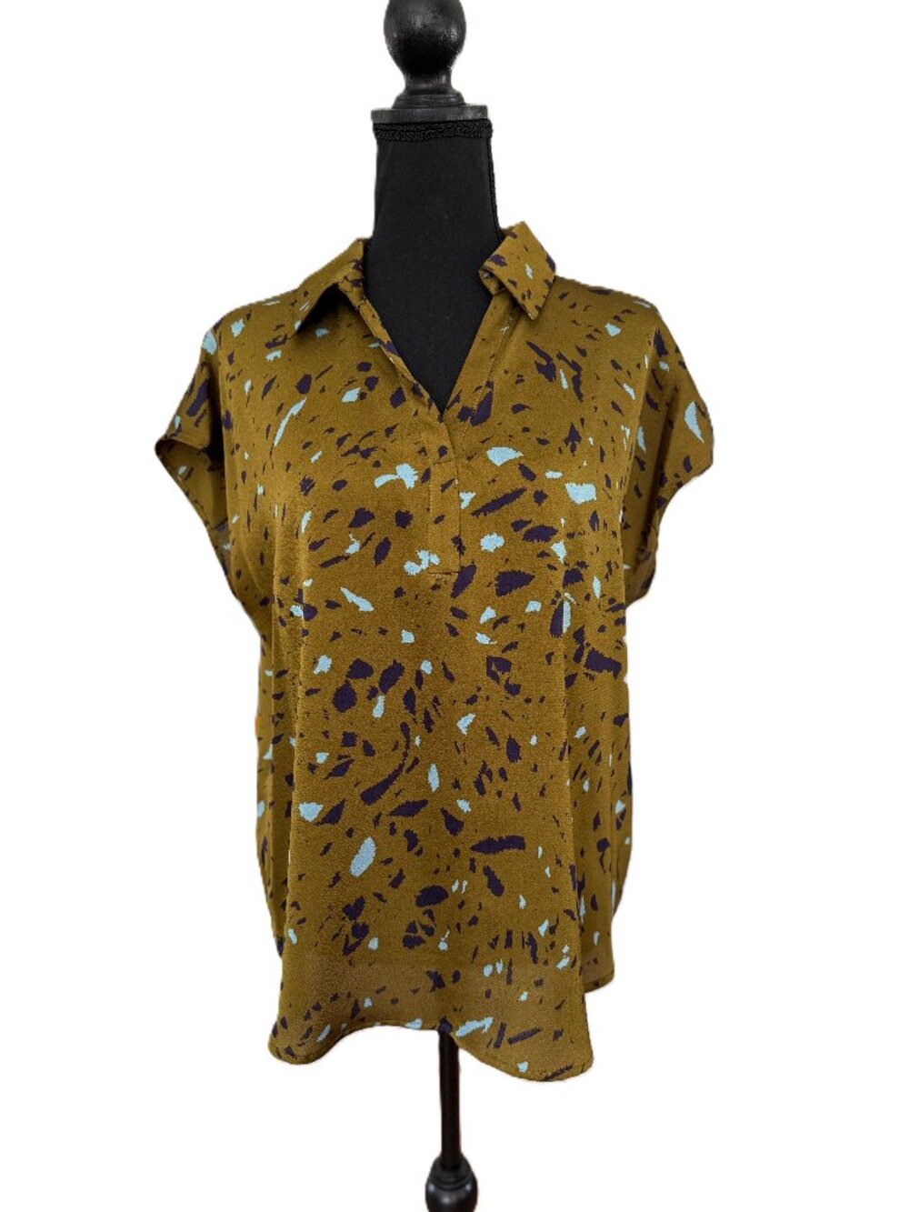 Pleione | Women's Abstract Print Blouse | Olive Golden Brown | Large